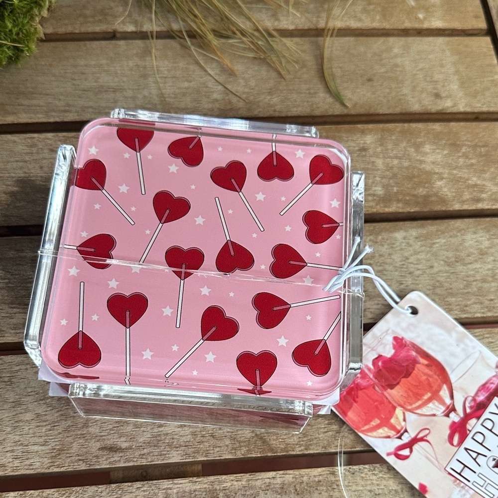 Valentine’s heart lollipop set of 4 coasters with holder